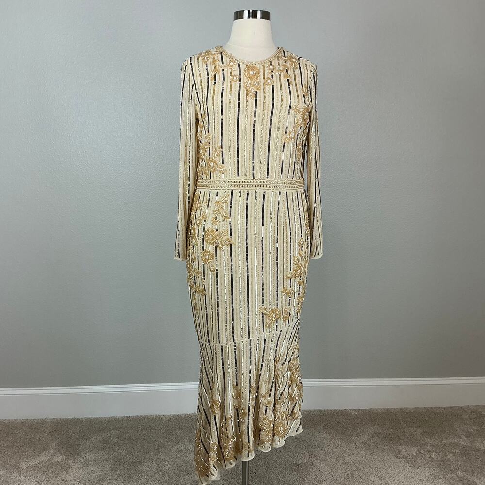 Mac Duggal 93627 Gold Evening Gown Sequined Long Sleeve High Low Dress Size 16 - Picture 2 of 12